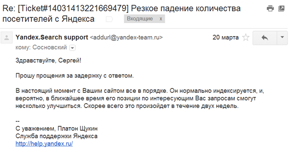 Ответ службы поддержки Яндекса