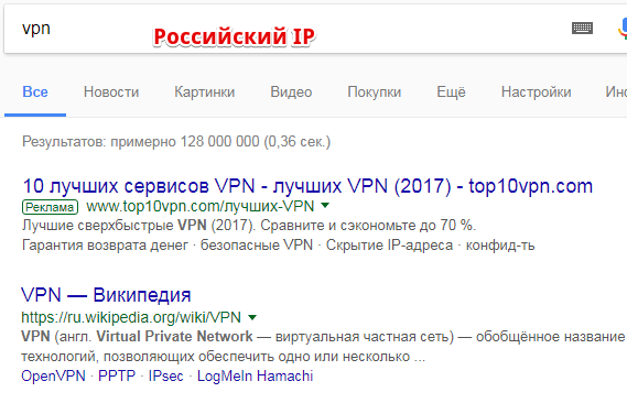 выдача Google по российскому IP